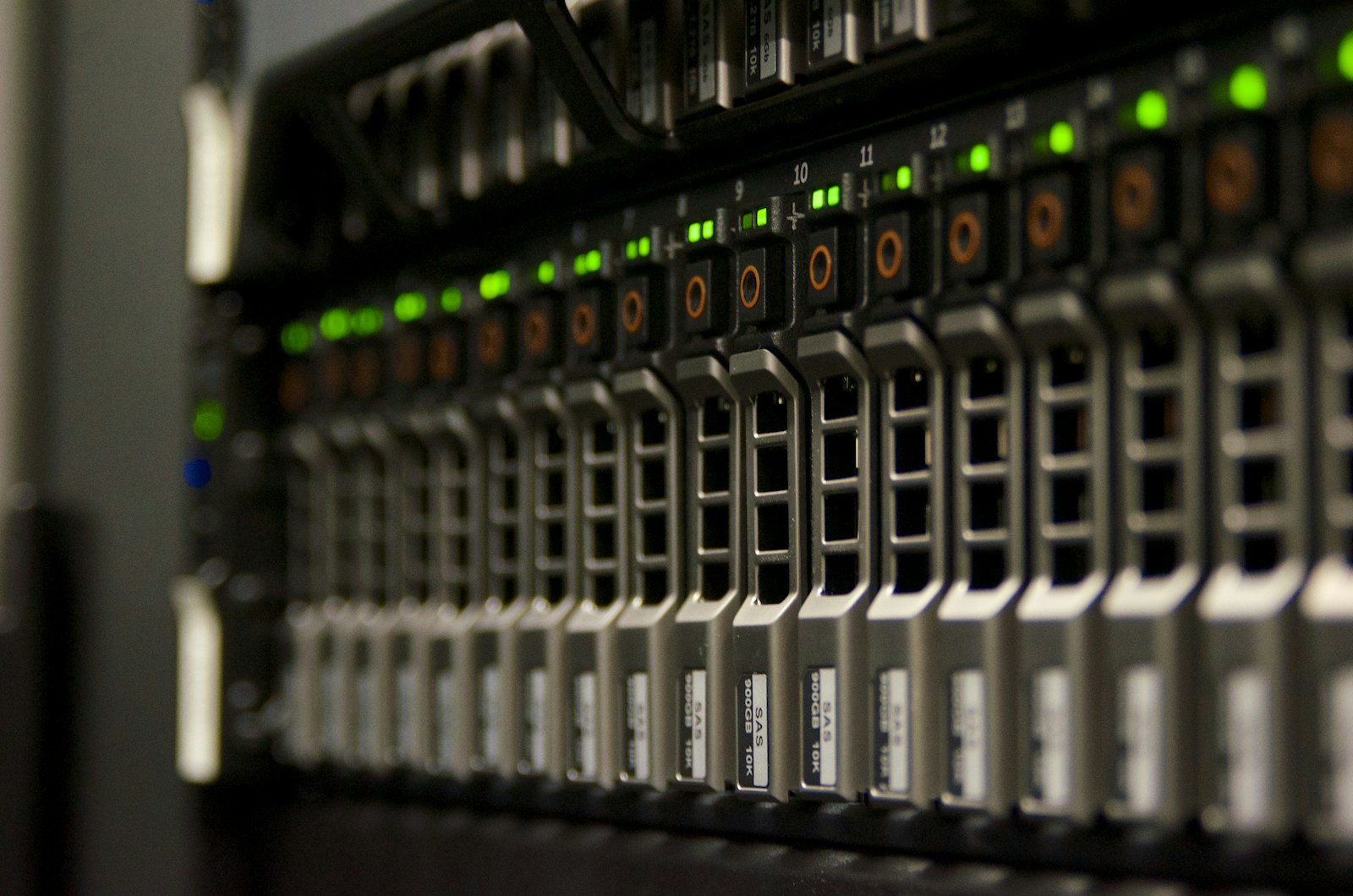 Server rack with green activity lights