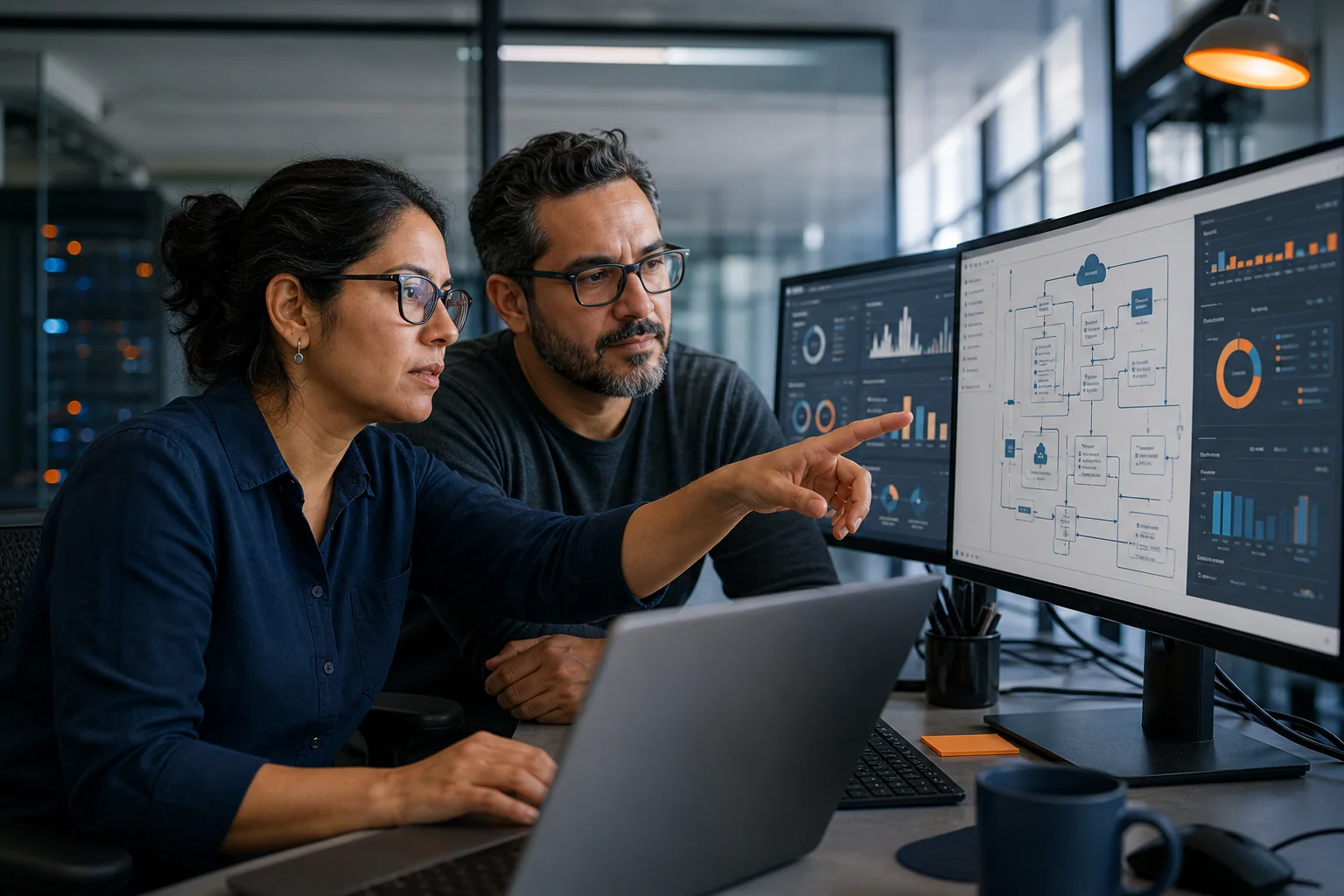 SCRAM senior engineers reviewing a custom SaaS platform and scalable software architecture